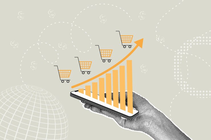 Vettore concept di crescita delle vendite online aumento del volume aumento dell'efficienza delle vendite