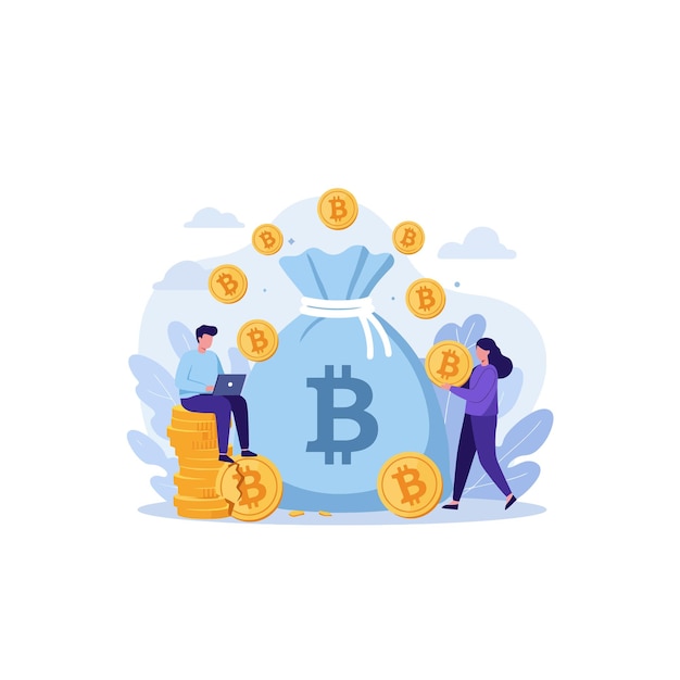 Concept di investimento Bitcoin con l'uomo sulle monete e la donna che tiene la moneta