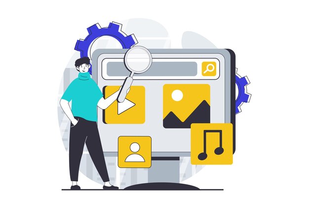 Concept di progettazione dell'interfaccia utente con la scena delle persone in grafica piatta per il web Uman che crea l'interface della pagina web layout reattivo e elementi di editing illustrazione vettoriale per banner di social media materiale di marketing