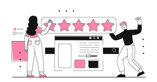 Concept di revisione del feedback dei clienti uomo e donna valutano il lavoro dei personaggi del sito web o dell'applicazione