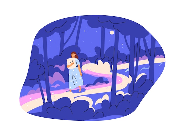 Concept di sonnambulismo sonnambulo Sonnambulo sognatore cammina nella foresta di fantasia notturna esplora il paesaggio dei sogni Donna somnambulo in incubo Illustrazione vettoriale grafica piatta isolata su sfondo bianco