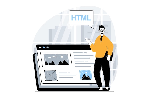 Concept di sviluppo web con persone scena in design piatto Uomo che crea il layout della pagina che colloca i blocchi che riempono con contenuti ed elementi Illustrazione vettoriale per banner di social media materiale di marketing