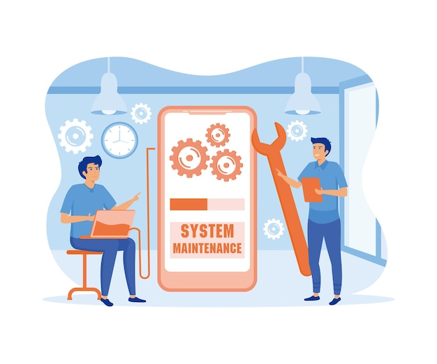 Concepto di manutenzione del sistema Programma di aggiornamento e tecnologia di applicazione Vettore piatto Illustrazione moderna