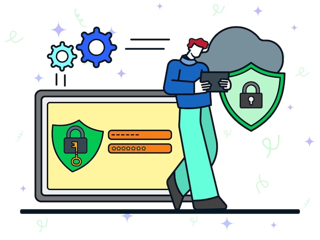 Concepto di sicurezza del cloud computing Uomo che utilizza un tablet smartphone per controllare la sicurezza dell'account cloud