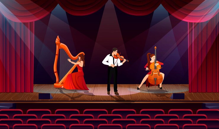 Vettore concerto di musica classica gruppo di orchestre sinfoniche sulla scena dell'opera teatrale banda di musicisti sul palco donna in abito rosso che suona l'arpa violinista uomo ragazza suona il violoncello sala vuota illustrazione vettoriale