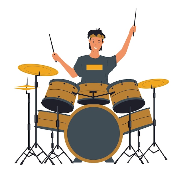 Concerto rock Uomo che suona la batteria Interprete sul palco Strumento musicale a percussione Interpretazione dei musicisti Drummers melodia ritmica Band show Metal Guy con bacchette Vector artista musicale
