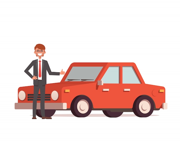 Concessionario di auto vestito con un abito che mostra una nuova macchina rossa.