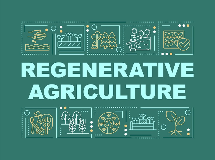 Vettore concetti di parole di agricoltura rigenerativa banner verde scuro