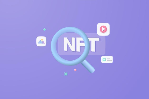 Concetto 3d di gestione dei file multimediali Ricerca di file di immagini e video nel database NFT Gestione dei documenti Flusso di documenti soft app Documenti composti concept Rendering vettoriale 3D ingrandimento NFT