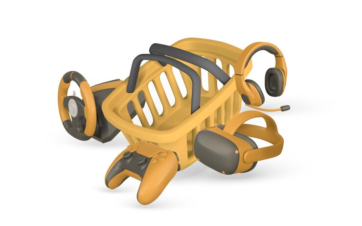 Vettore concetto 3d di negozio di giochi vr casco cuffie joystick e volante illustrazione vettoriale