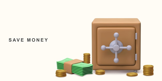 Concetto 3D Monete di cassaforte e pile di dollari in contanti Illustrazione vettoriale