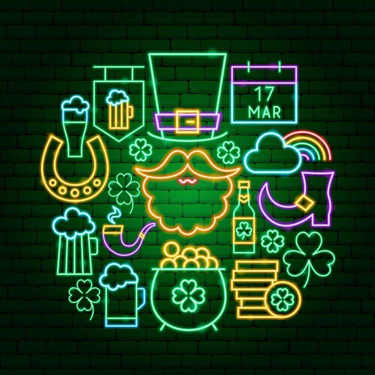 Concetto al neon di giorno di San Patrizio. Illustrazione vettoriale di promozione delle vacanze.