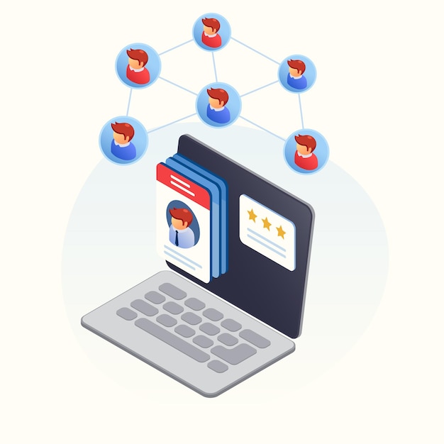 Concetto astratto isometrico di CRM con l'illustrazione di vettore di simboli di gestione dei clienti