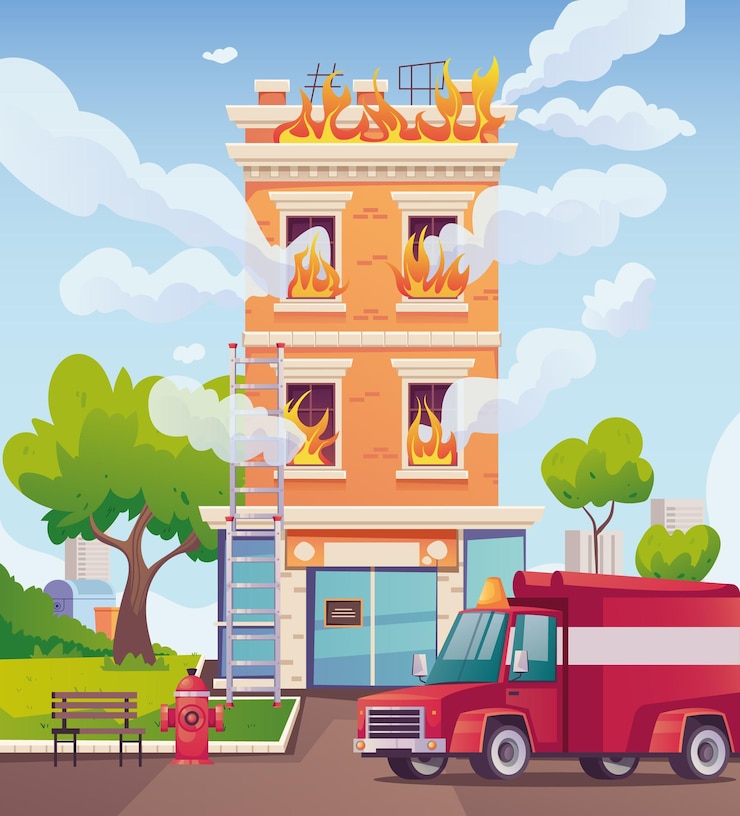 Vettore concetto bruciante dell'illustrazione di vettore dell'elemento di progettazione della città del combattente degli edifici della casa del fuoco