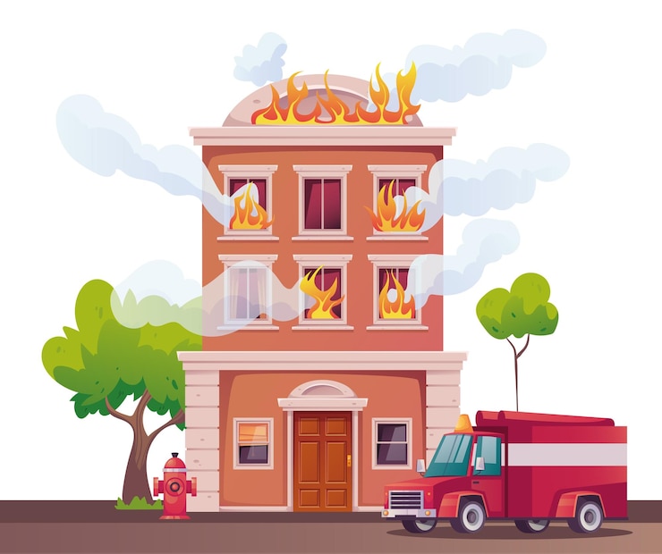 Vettore concetto bruciante dell'illustrazione di vettore dell'elemento di progettazione della città del combattente degli edifici della casa del fuoco