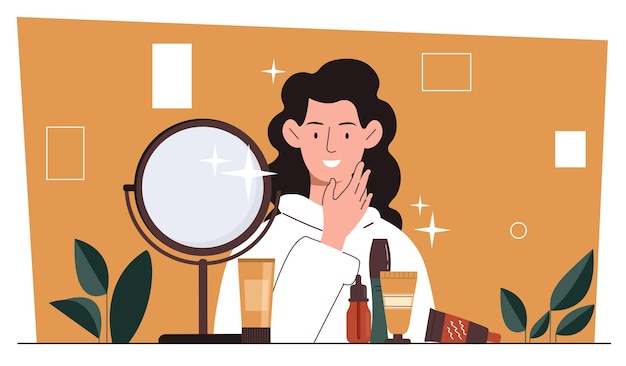 Concetto cosmetico ecologico naturale donna con prodotti cosmetici vicino a specchio spa e bellezza