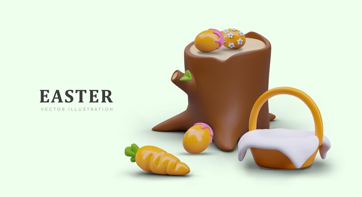 Vettore concetto creativo di pasqua in stile cartone animato d tronco decorato uova cesto carota