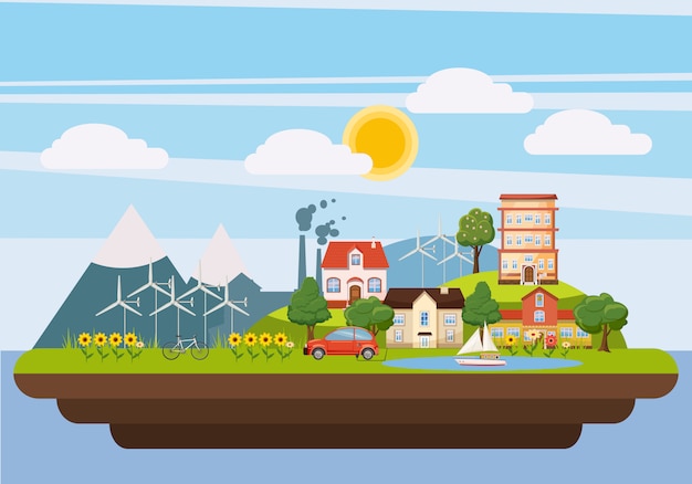 Concetto del iland del paesaggio di ecologia, stile del fumetto