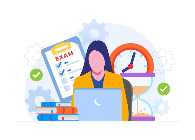 Concetto dell'esame Test online Istruzione Personaggi degli studenti che affrontano esami online