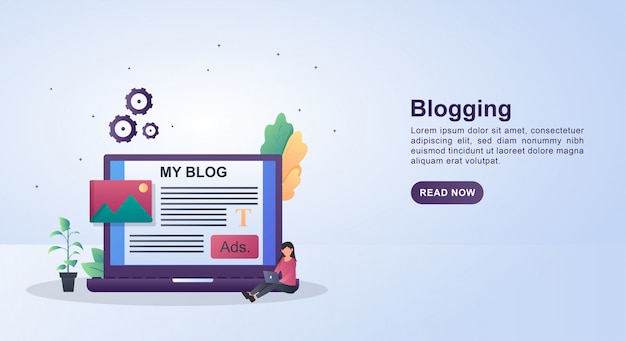 Concetto dell'illustrazione di blogging con una persona che tiene un computer portatile.