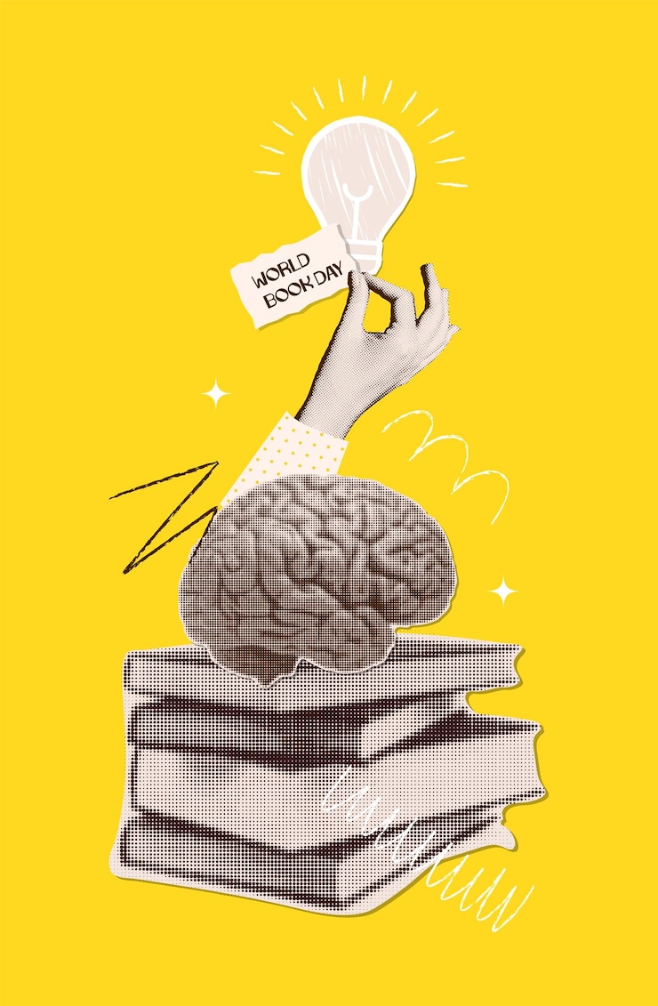 Vettore concetto della giornata mondiale del libro collage nostalgico con stack di libri in stile semitone cervello e bulbo a mano