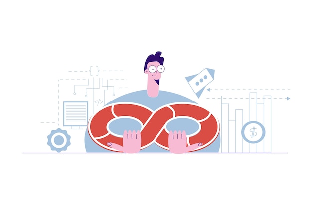 Concetto DevOps. Cultura dell'ingegneria del software e pratica dello sviluppo e del funzionamento del software. Ingegnere IT che tiene il simbolo delle operazioni di sviluppo. Illustrazione del fumetto di vettore piatto isolato su bianco