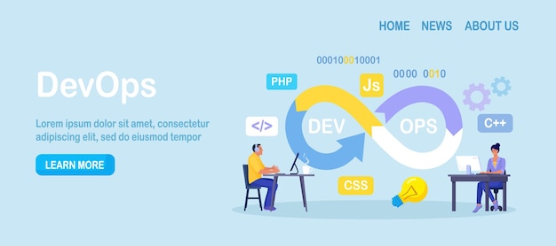 Concetto DevOps Programmatori pratica di sviluppo e operazioni software Sviluppatore che lavora sul processo operativo Supporto tecnico codice di programmazione Programmatore che utilizza il metodo devOps Disegno vettoriale