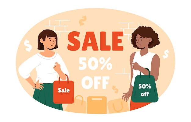 Concetto di acquisto di persone Due donne acquistano merci con sconti e vendite Offerta speciale e limitata per i clienti abituali 50% di sconto Regalo e regalo Illustrazione vettoriale piatta cartone animato