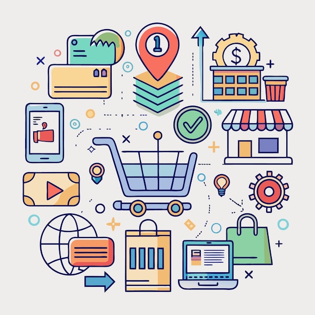 Concetto di acquisto online con icone di carrello, carta di credito, portatile e negozio