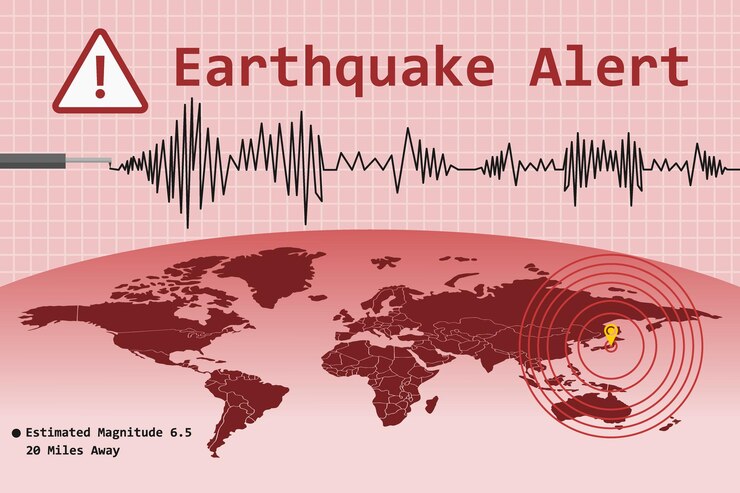 Vettore concetto di allerta ai terremoti con marcatura della posizione dell'epicentro di pulsazione e illustrazione vettoriale della mappa del mondo