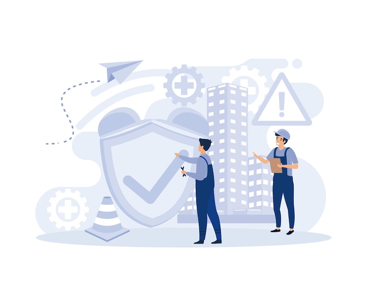 Vettore concetto di ambiente di lavoro lavoro di qualità sicurezza sul posto di lavoro salute sul lavoro prevenzione degli infortuni vettore piatto illustrazione moderna