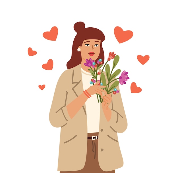 Concetto di amore personale Ama te stesso donna tenere fiori Ragazza bouquet di stagione con cuori volanti Carattere vettoriale femminile carino ed elegante isolato
