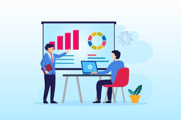 Concetto di analisi aziendale Le persone sedute alla scrivania lavorano con grafici e visualizzazione di dati grafici