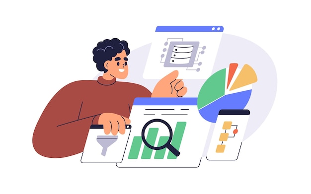 Concetto di analisi dei big data Analista che lavora con l'analisi dei database analizzando statistiche grafici e grafici per la relazione Recensione aziendale Illustrazione vettoriale piatta isolata su sfondo bianco