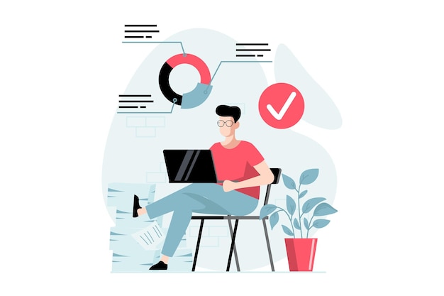 Concetto di analisi dei dati con scene di persone in design piatto Uomo che ricerca statistiche e dati nei piani del diagramma e crea una strategia per il business Illustrazione vettoriale con situazione del personaggio per il web