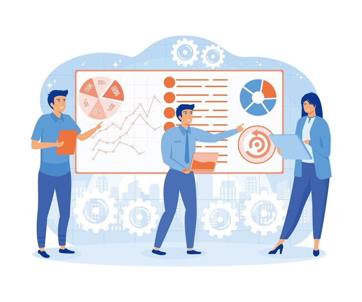 Vettore concetto di analisi scientifica dei big data team di lavoro brainstorming e analisi rapporto di analisi dei dati