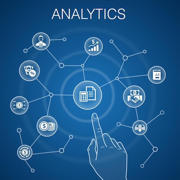 Concetto di analisi sfondo blu grafico lineare ricerca web trend monitoraggio icone
