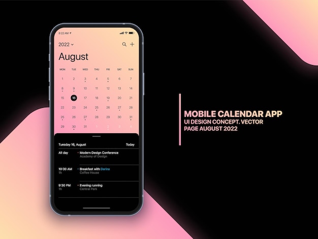 Concetto di app calendario mobile agosto 2022 Pagina con elenco attività e attività UI UX Design vettore su schermo del telefono realistico Mockup isolato su sfondo Modello di applicazione per pianificatore aziendale per smartphone