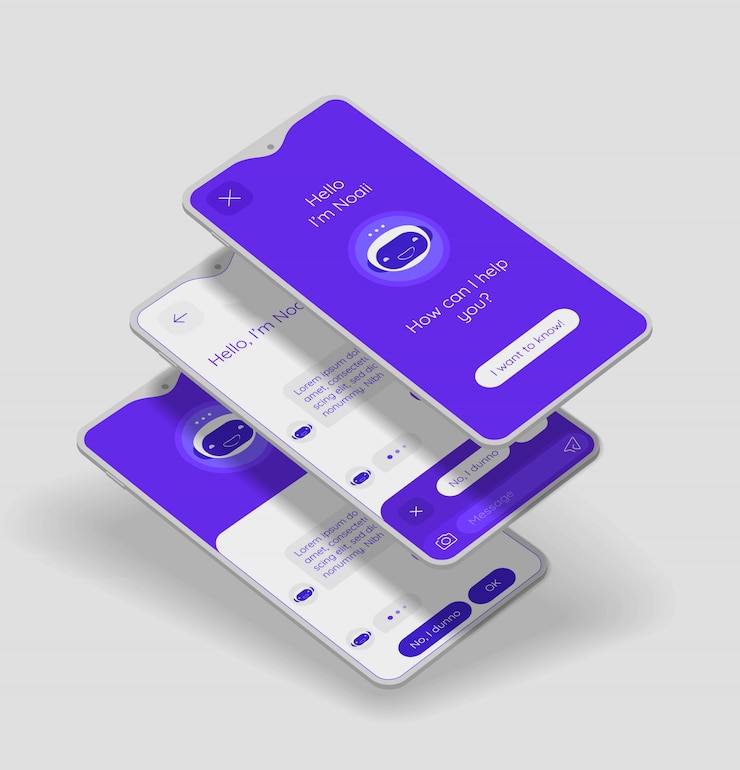 Vettore concetto di app mobile chatbot con modelli 3d