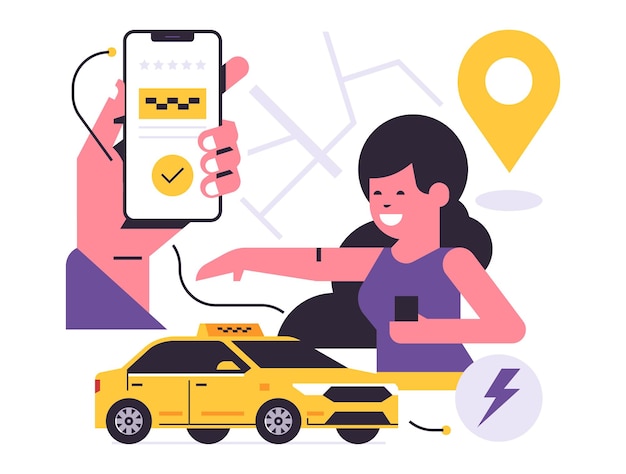 Concetto di applicazione mobile del servizio di ordinazione dei taxi Una mano che tiene un telefono con la prenotazione di un taxi sul display Donna felice giallo auto mappa della città gps punto pin icona illustrazione vettoriale piatta