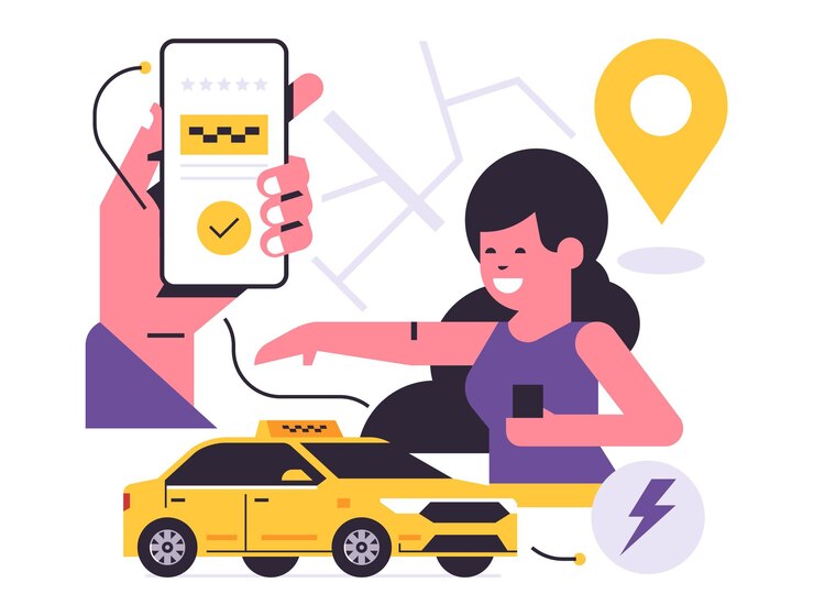 Concetto di applicazione mobile del servizio di ordinazione dei taxi Una mano che tiene un telefono con la prenotazione di un taxi sul display Donna felice giallo auto mappa della città gps punto pin icona illustrazione vettoriale piatta
