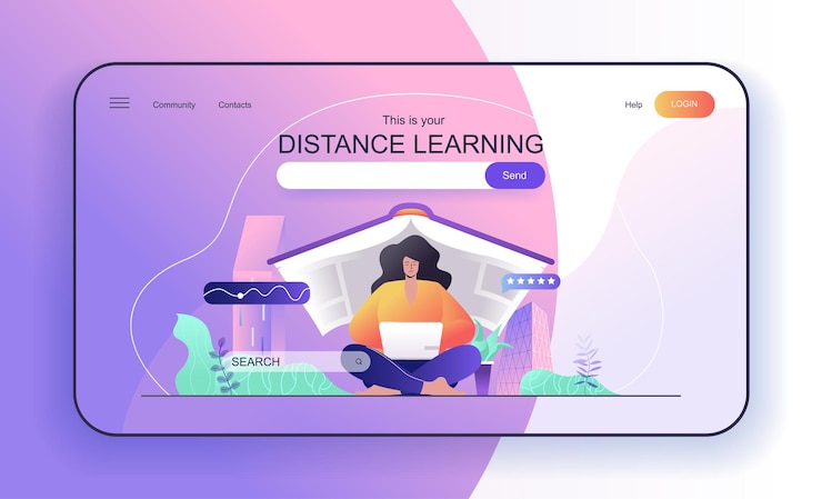 Vettore concetto di apprendimento a distanza per la pagina di destinazione studentessa che studia al computer portatile istruzione online