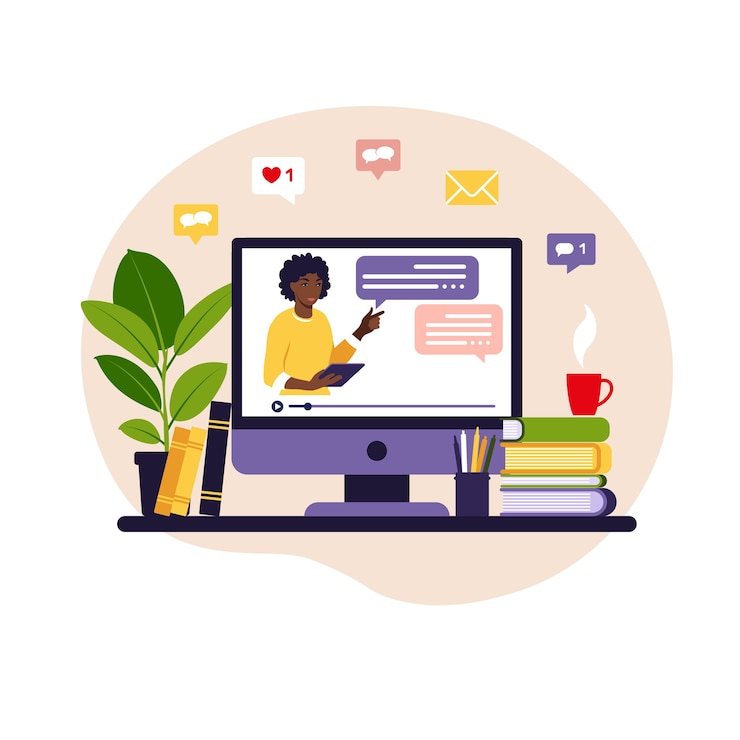 Vettore concetto di apprendimento online. insegnante africano alla lavagna, lezione video.