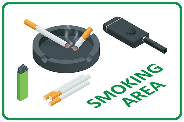 Concetto di area fumatori isometrica Cartello informativo Area fumatori con adesivo per sigarette di tabacco