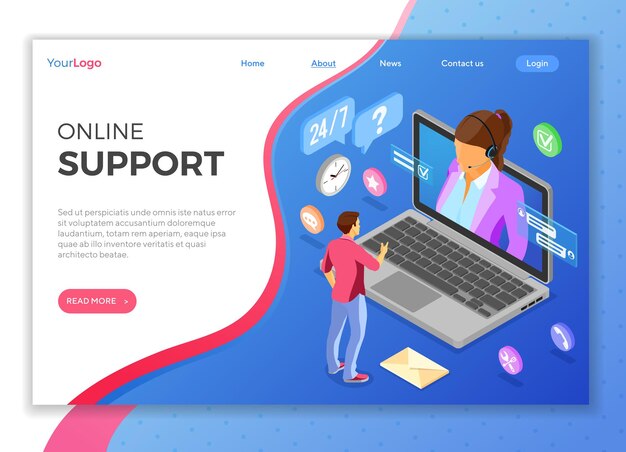 Concetto di assistenza clienti isometrica online. Call center mobile con consulente femminile, auricolare, laptop, icone di chat. modello di pagina di destinazione. illustrazione vettoriale isolato