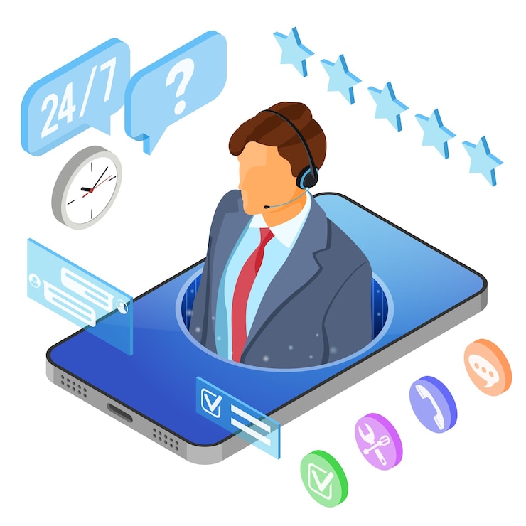 Vettore concetto di assistenza clienti isometrica online. call center mobile con consulente uomo, auricolare, chat.