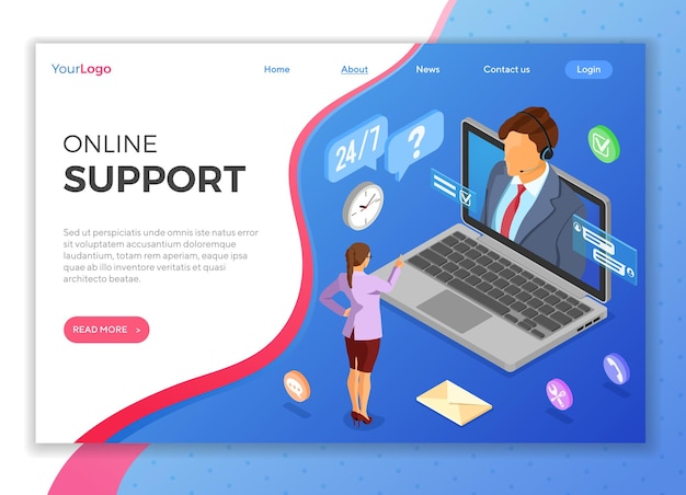 Concetto di assistenza clienti isometrica online. Call center mobile con consulente uomo, auricolare, laptop, icone di chat. modello di pagina di destinazione.