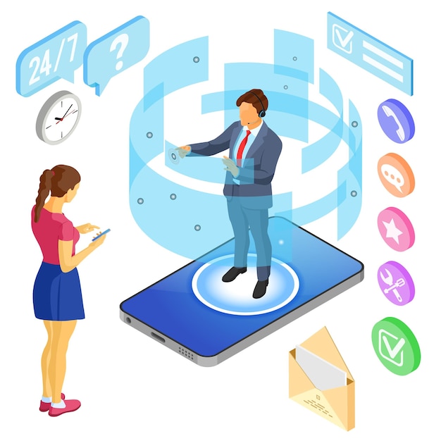 Concetto di assistenza clienti isometrica online Call center mobile con consulente uomo auricolare valutazione chat icone telefono cellulare isometrico persone isolate illustrazione vettoriale