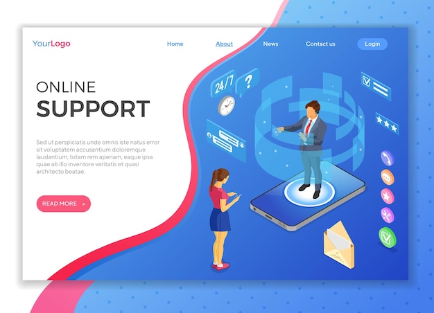 Concetto di assistenza clienti isometrica online. Call center mobile con consulente uomo, auricolare, valutazione, icone chat, telefono cellulare. persone isometriche. modello di pagina di destinazione.