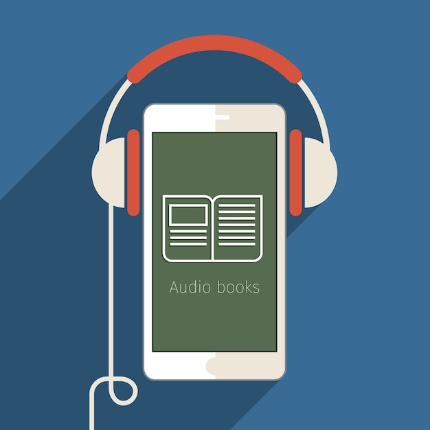 Concetto di audiolibro. Prenota con le cuffie, design piatto